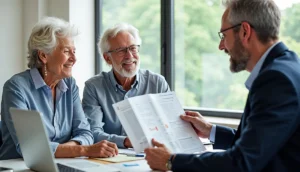 Couple reviewing retirement plan with advisor showing financial planning and income strategy for retirement