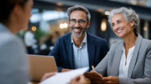 Financial advisor discussing retirement and life transition planning with clients