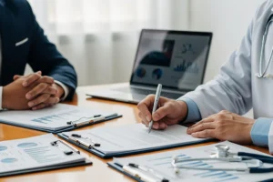 Doctor reviewing a long-term wealth planning strategy with a financial advisor