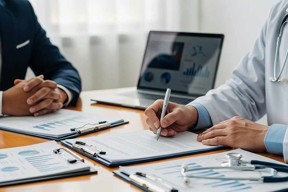 Doctor reviewing a long-term wealth planning strategy with a financial advisor